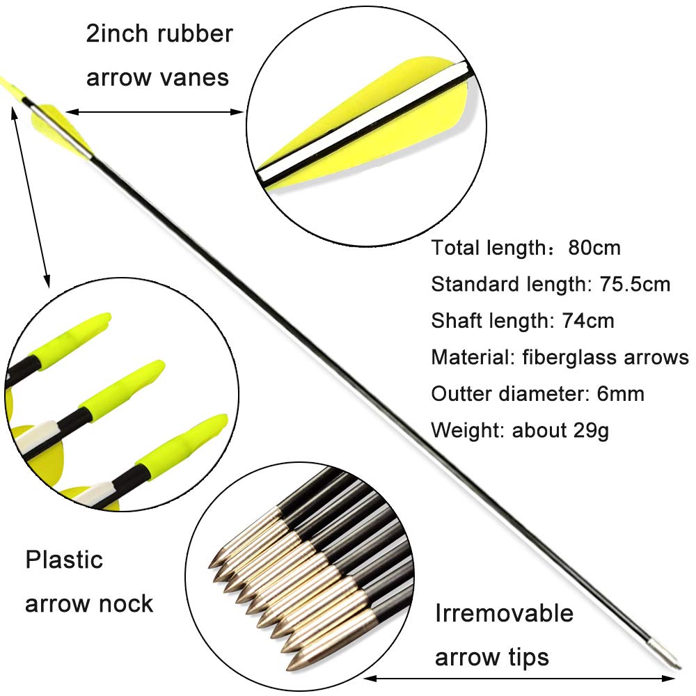Flèches de cible de pratique. Flèches en fibre de verre. 12 flèches de