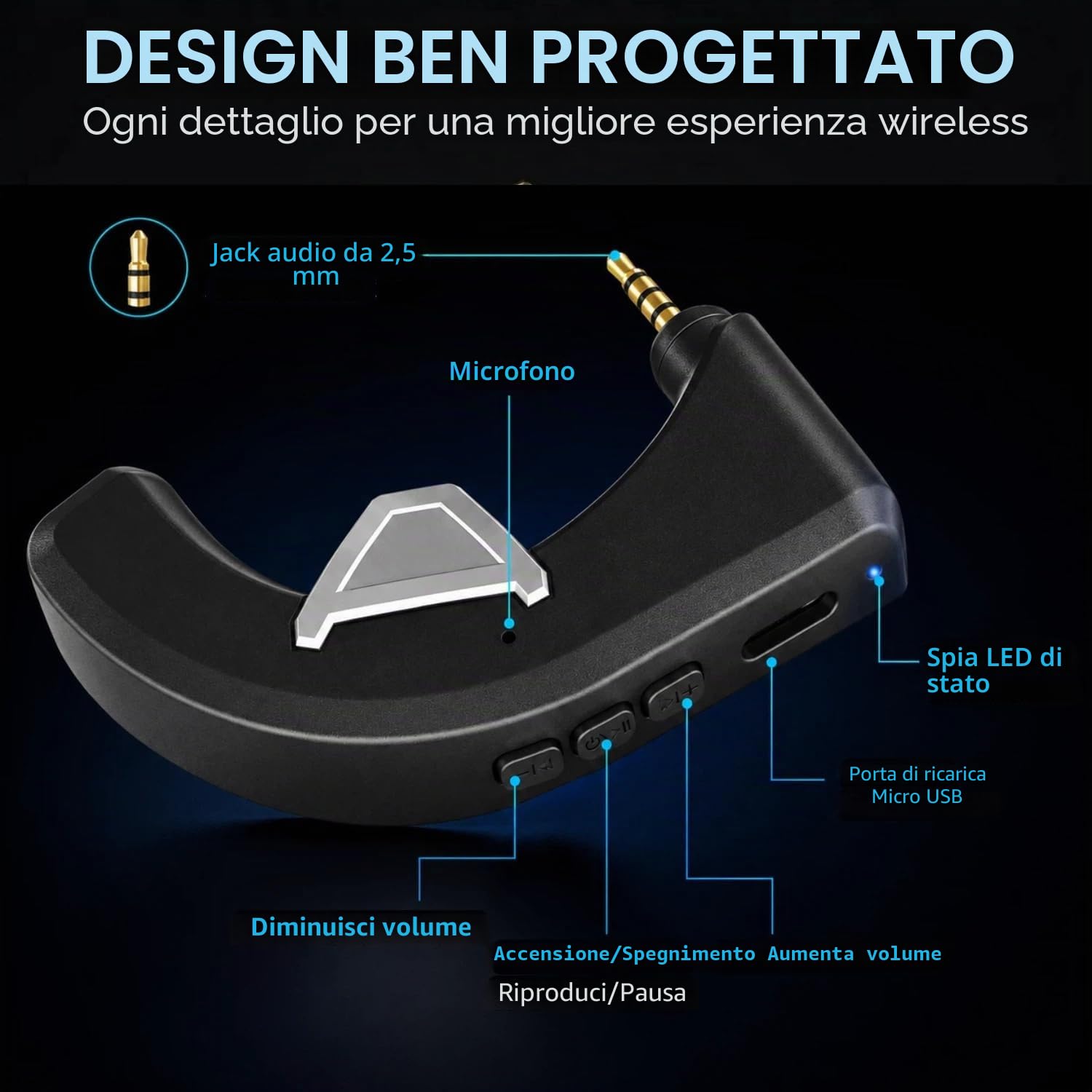 aptX - Adattatore wireless Bluetooth 5.0 per Bose QuietComfort 3 QC 3 con microfono e controllo volume, nero