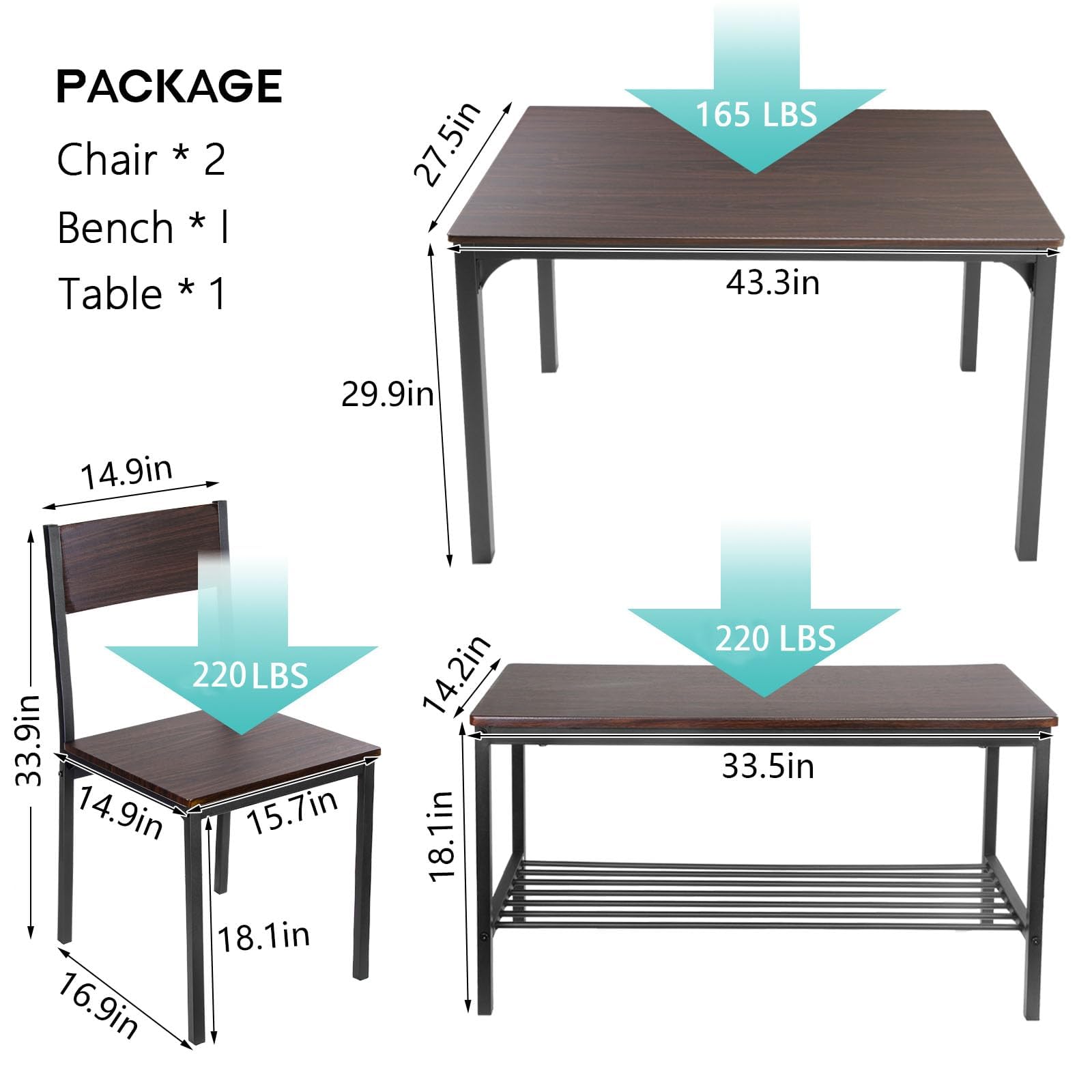 SogesPower Conjunto de Mesa y Sillas, con 1 Mesa, 2 Sillas y 1 Banco, Juego de Mesa para 4 Personas, Adecuado para Cocina y Comedor, Marrón