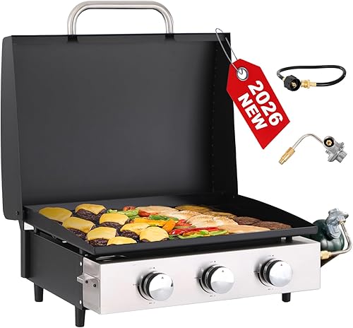 GREEN PARTY Plancha de mesa de 22 pulgadas con placa de hierro fundido recubierta de cerámica, plancha plana de 3 quemadores, parrilla BBQ portátil