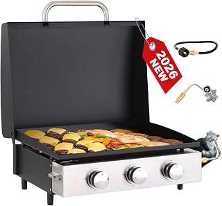 GREEN PARTY 22 inch Tabletop Griddle with Ceramic Coated Cast Iron Plate, 3 Burners Flat Top Griddle, Portable Propane Gas BBQ Grill Griddle for Kitchen Outdoor Cooking Barbecue Camping Tailgating