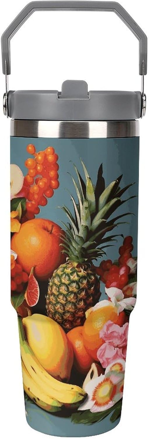 Tropical Fruits And Flowers Water Bottle 30 Oz Fits Car Cup Holder,Insulated Coffee Mug Large Capacity Car Cups,Stainless Steel Double Wall Sport Bottle for Travel Sports Gym
