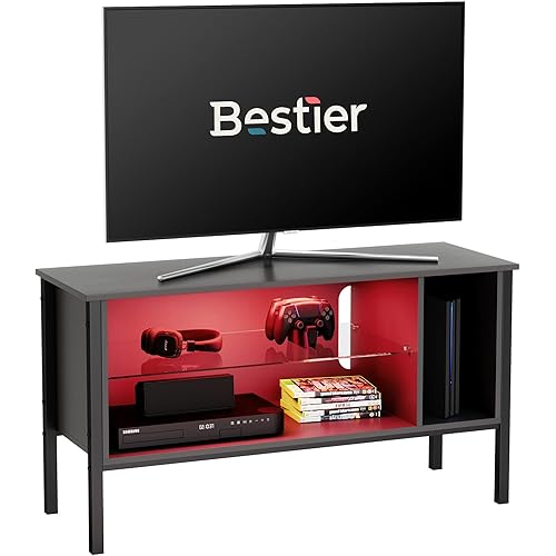 Bestier 44 inch TV Stand for 50” tv,20 Color LED Entertainment Center Modern TV Console Television Media Stands,TV Cabinet with Storage Drawers and Shelves for Living Room Bedroom Furniture Light Grey