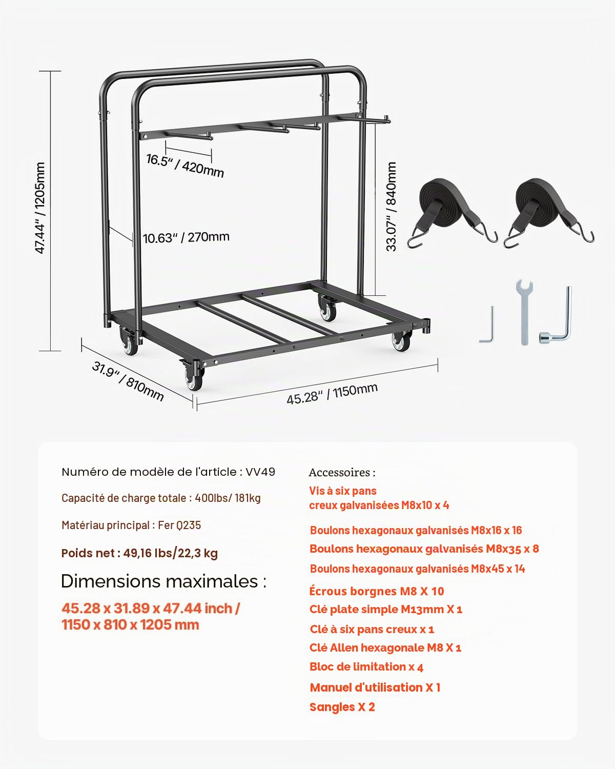 VEVOR Chariot de Rangement de Chaise Pliable 180 kg pour 5 Tables + 14 chaises avec Support de Chaise avec roulettes pivotantes et Roues de Blocage, pour fêtes, hôtels, Noir Mat