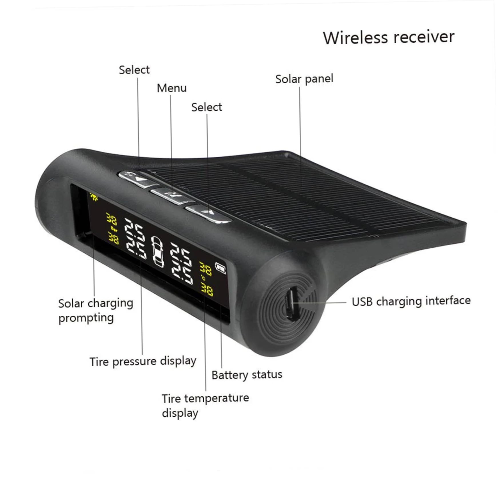 Sistema di monitoraggio della pressione dei pneumatici Sistema di monitoraggio della pressione dei pneumatici solare wireless con sensori esterni Modalità di allarme per auto