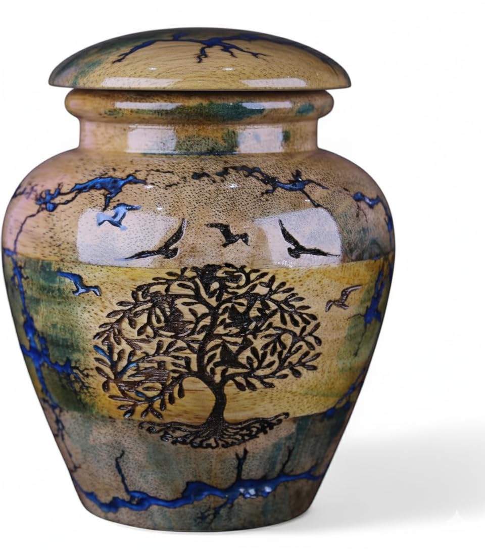 Handicrafted Cremation Urn for Human Ashes – Wooden and Resin Memorial Urn for Pets – Decorative Funeral Box for Dog Ashes Box (Tree of Life-01, Small - 20 lbs)