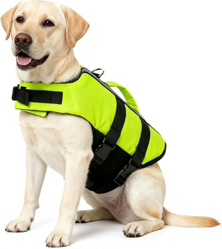 Colete salva-vidas inflável para cães grandes Billionchains com alça de resgate, faixa refletiva e ajuste, Verde Neon, tamanho L
