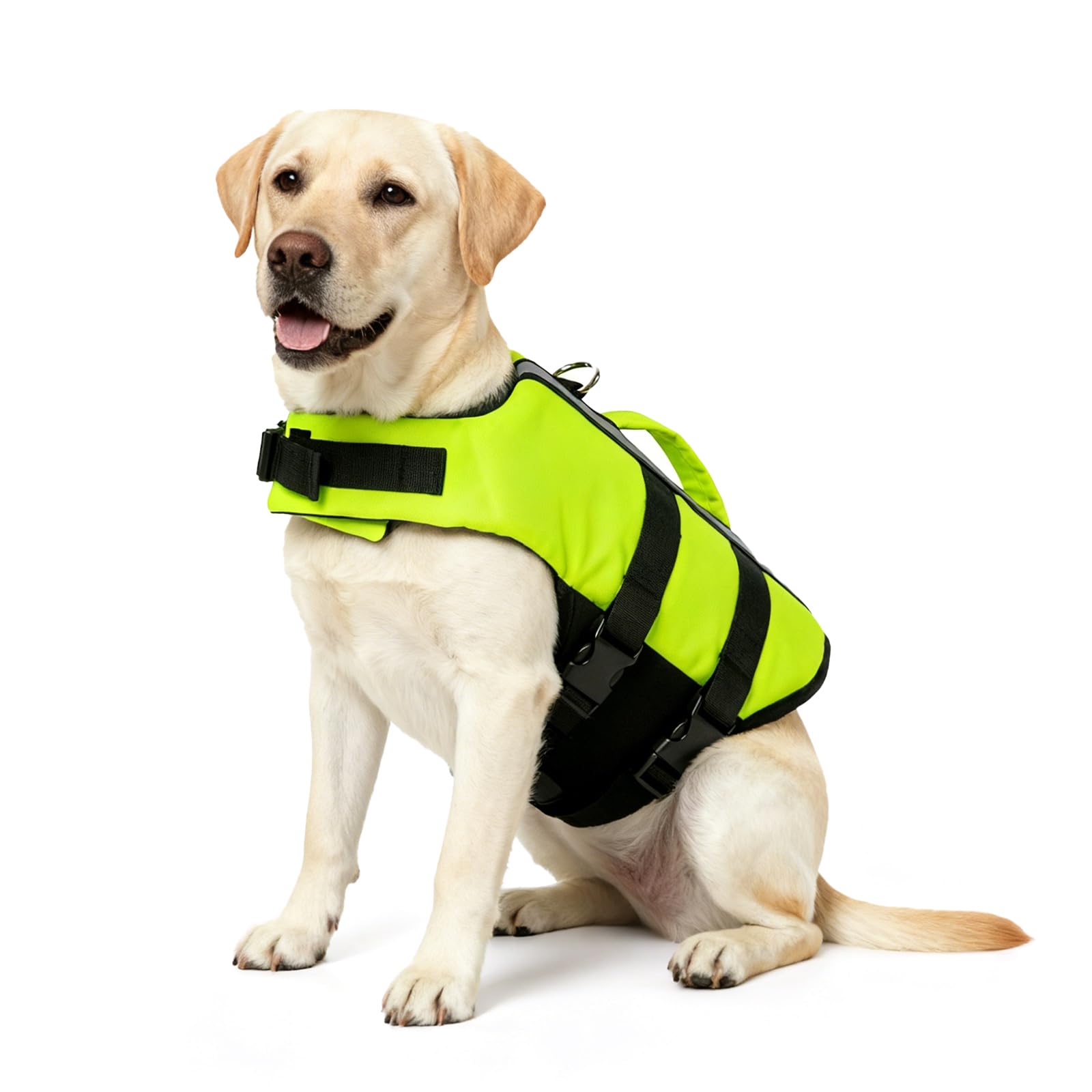 PETLESO Dog Life Jacket with Rescue Handle, High Visibility Adjustable Pet Life Vest for Swimming, Boating & Water Sports - Neon Green, L