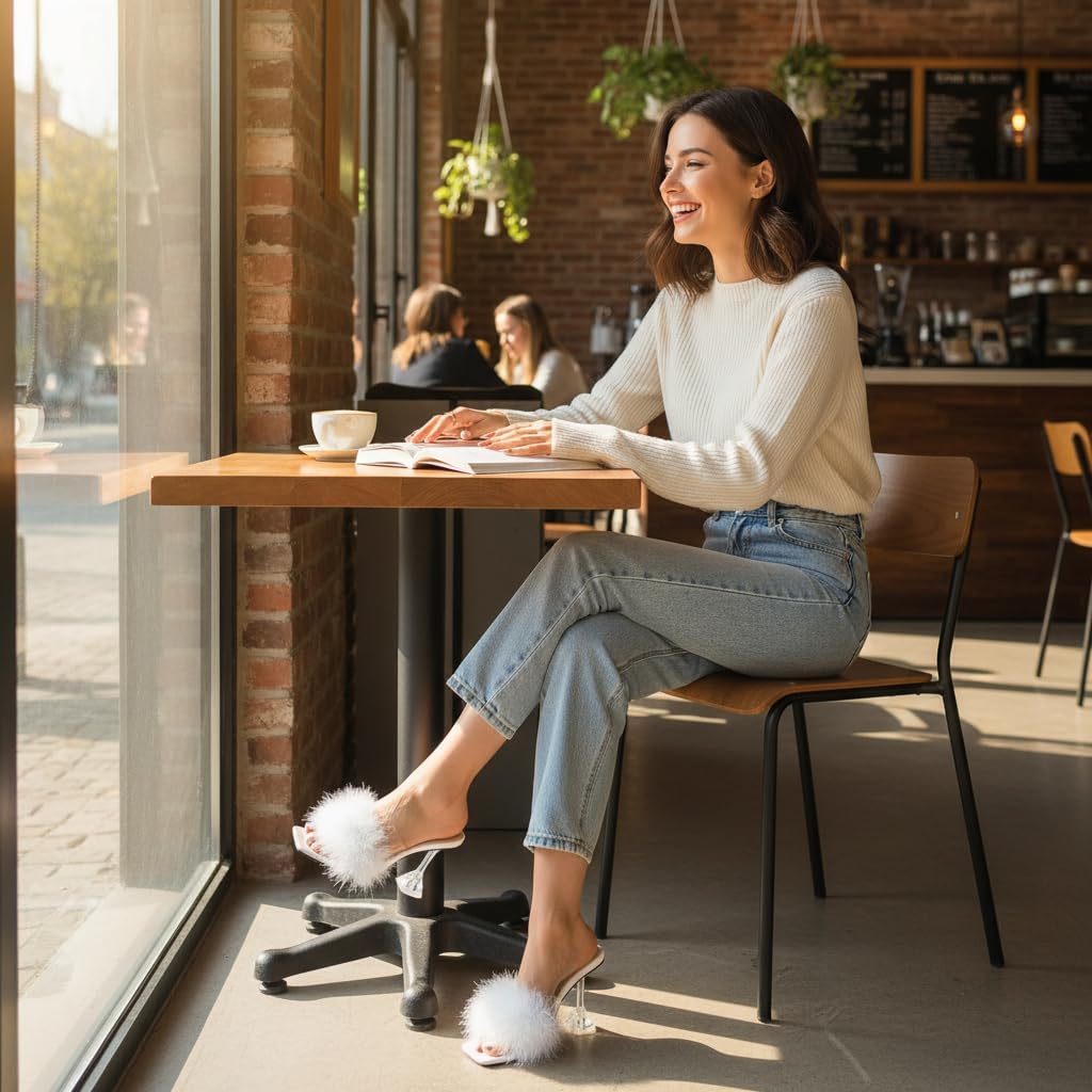 LIURUIJIA Women's Feather High Heeled Mules Slip On Sandals Square Toe Bridal Wedding Party Shoes Fuzzy Fluffy Sexy Clear Heels - Image 4