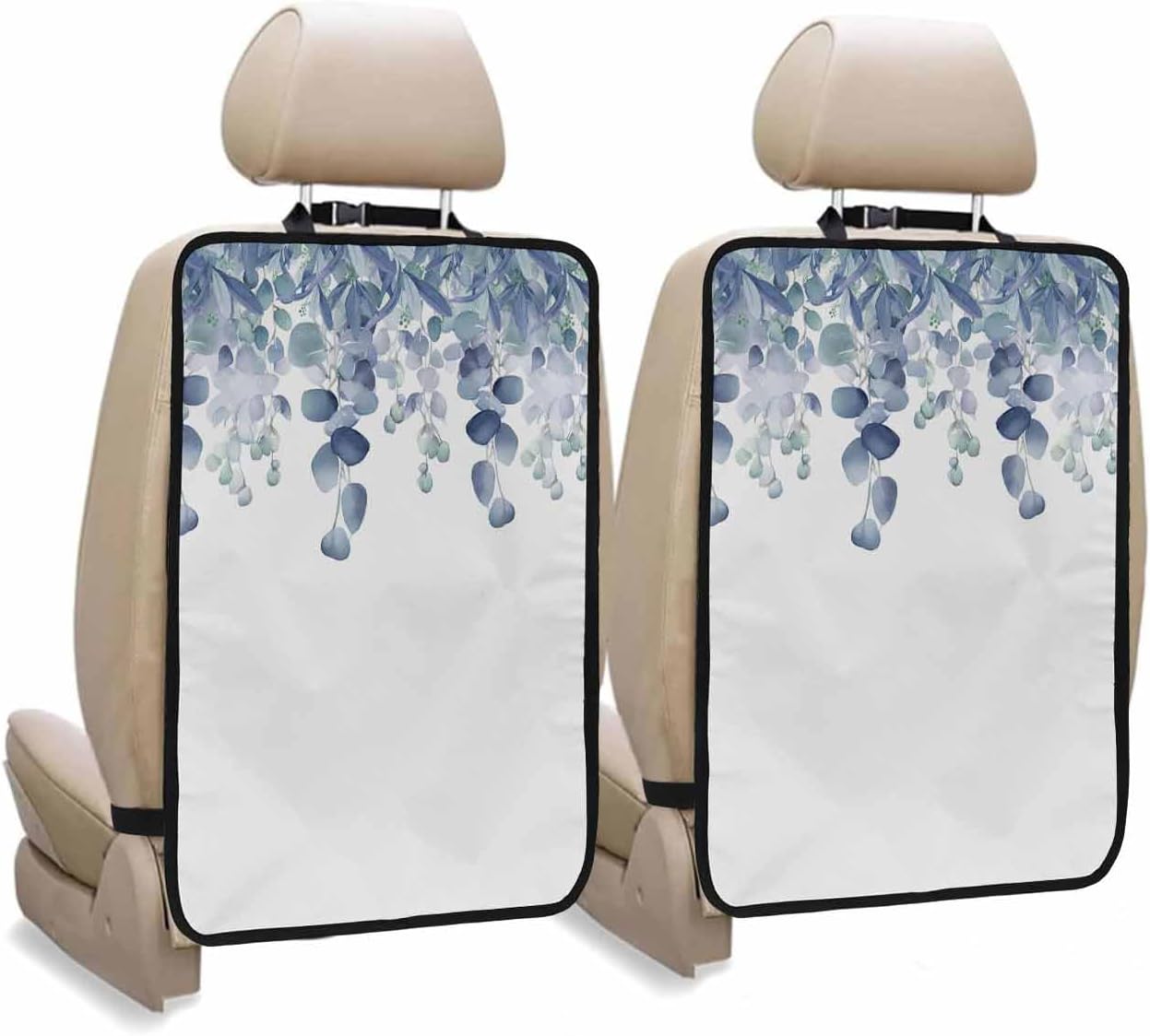 T&H XHome Car Seat Protector, 2 Pack Kick Mats Back Seat Protector Spring Summer Watercolor Blue Eucalyptus Leaves Waterproof Backseat Cover for Kids Universal Fit Automotive Interior Protectors