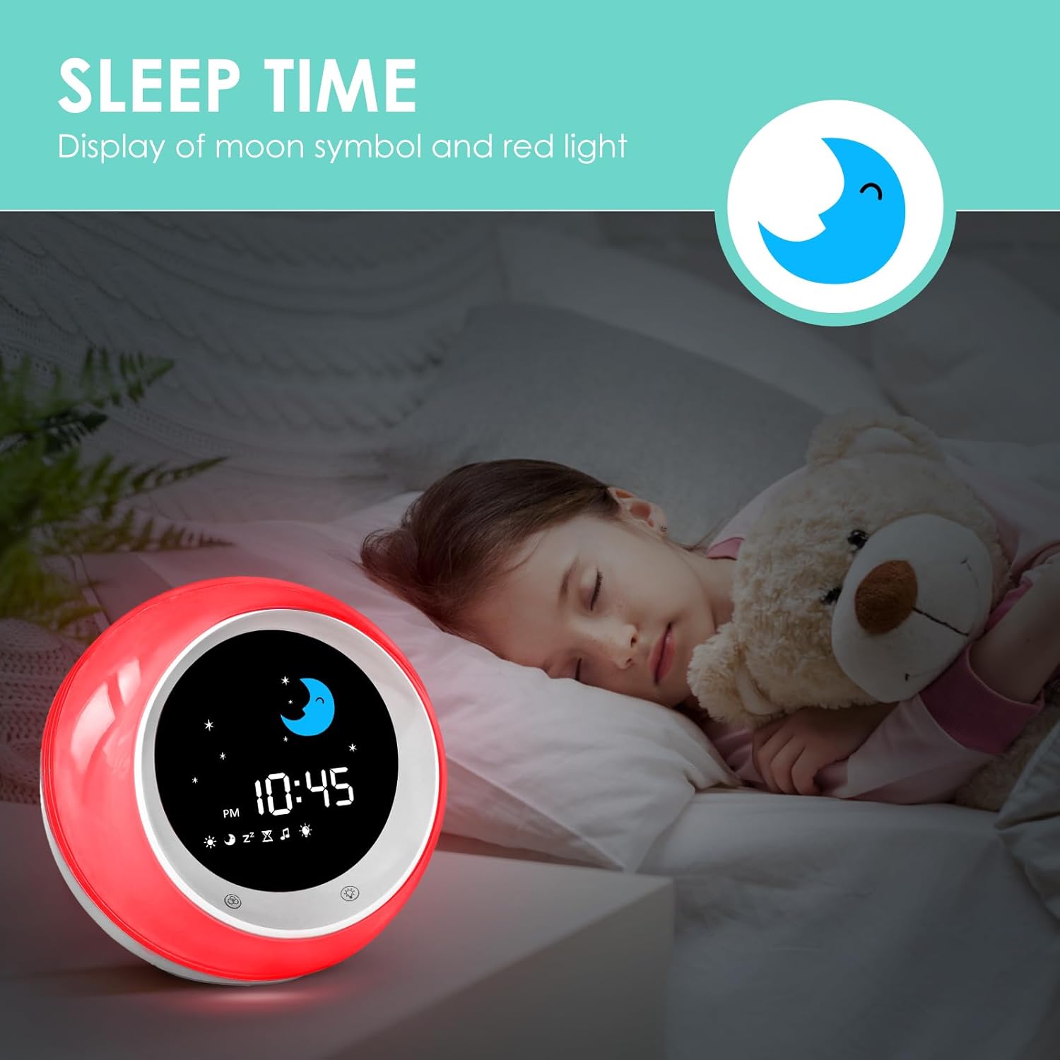 Child sleeping with A300 clock displaying moon and red light for sleep time
