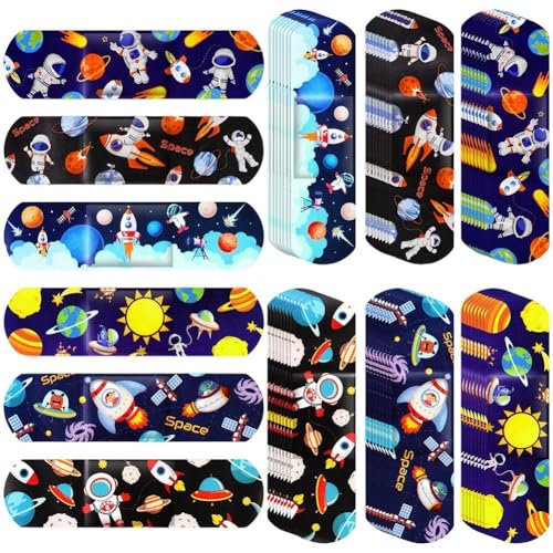 HiyyFloy Juego De 60 Tiras Adhesivas De Primeros Auxilios con Estampados De Astronautas Y Cohetes De Dibujos Animados, Tiritas Kawaii, Parches De Cinta Adhesiva