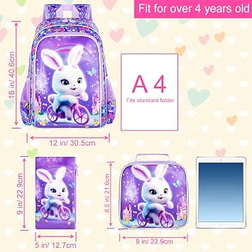 AGSDON 3PCS Backpacks for Girls, 16 Elementary Kids Cute Rabbit Backpack Preschool School Bookbags and Lunch Box
