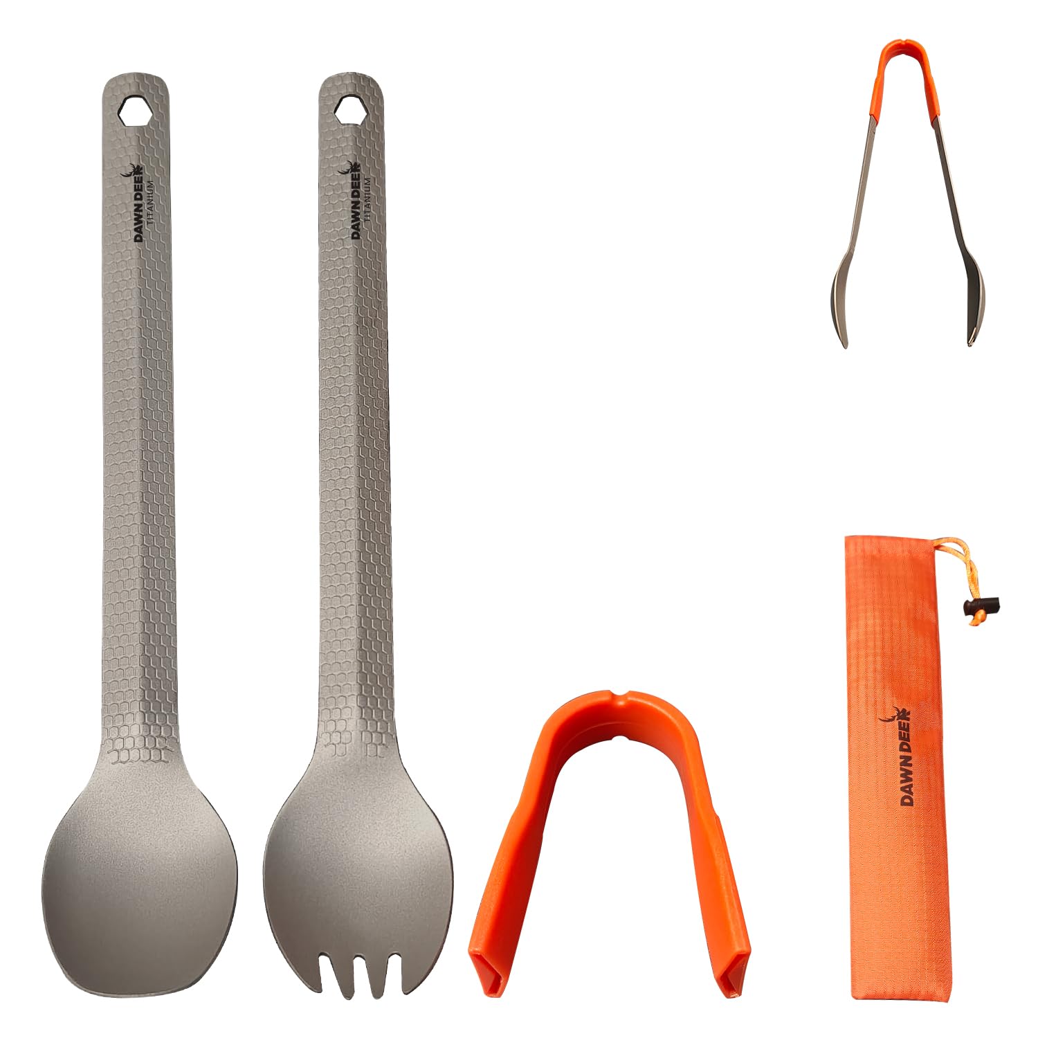 Dawn Deer 3 in1 Titanium Ultralight Cutlery Set, Long Handle Spoon and Spork, Camping Tong, Travel Utensils with Bag (22 cm)
