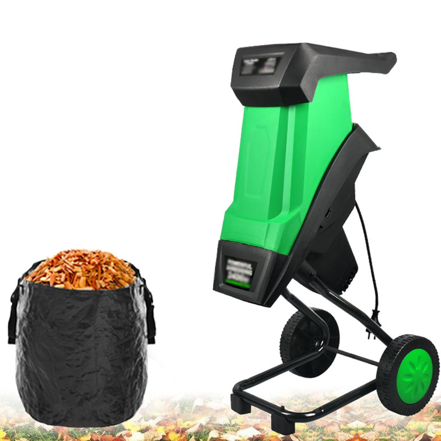 Trituradora eléctrica de madera para jardín con deflector de alimentación y bolsa de recolección, diseño portátil para un astillado eficiente, ideal para la gestión de residuos de patio