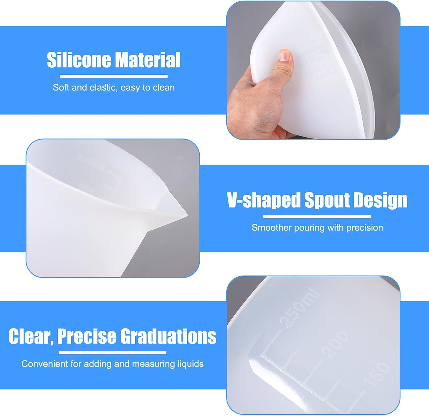 3 Pieces Silicone Epoxy Resin Cup, 100ml/250ml/600ml Silicone Measuring Cup with Precise Scale, Reusable Measuring Cups with 2 Bâtonnets Melangeurs, for Kitchen, Made, Casting Molds image 3