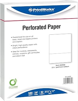 8-1/2 x 11" Laser Cut Sheet, 24# White Stock, 1 Horizontal Perforation 3-3/4" from Bottom Carton of 2500