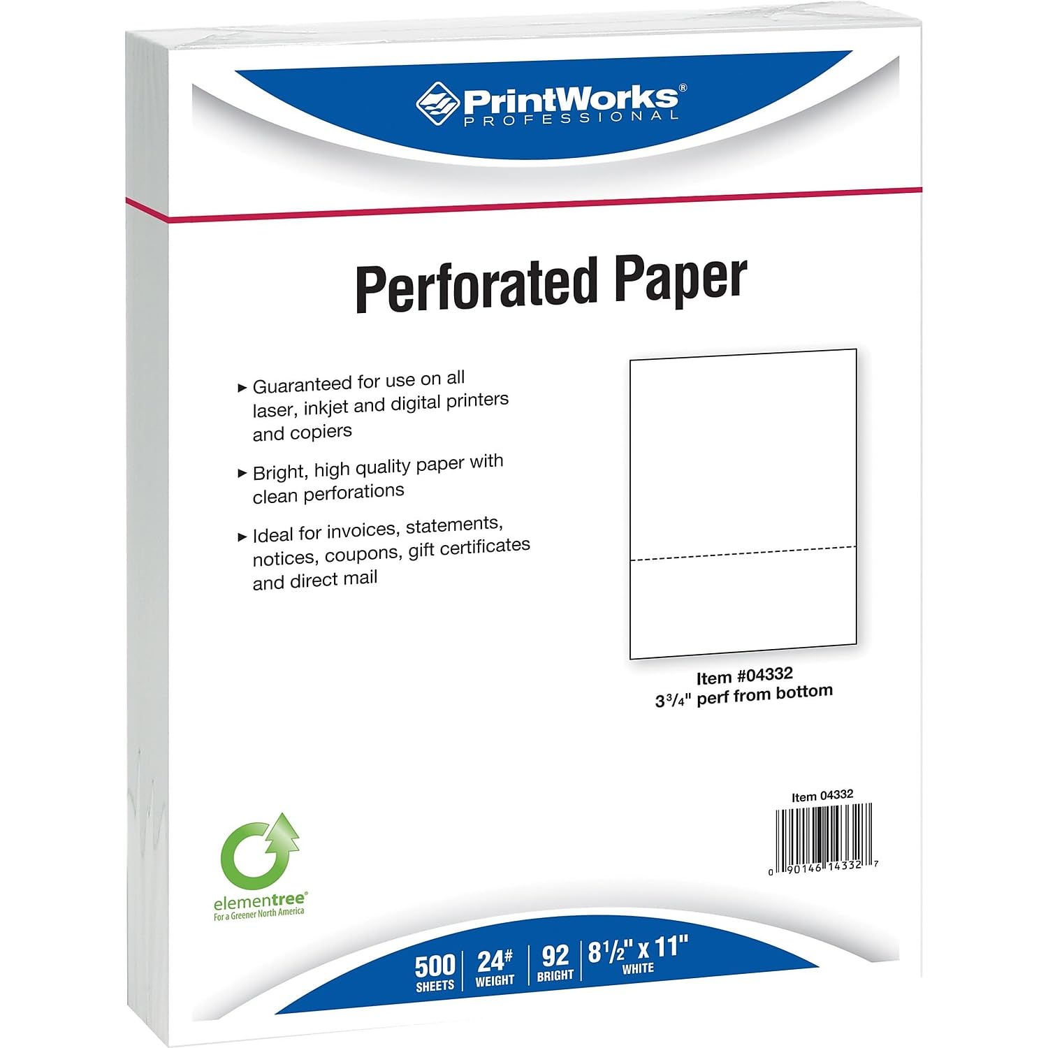 8-1/2'' x 11" Laser Cut Sheet, 24# White Stock, 1 Horizontal Perforation 3-3/4" from Bottom (Carton of 2500)