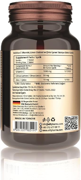 Validus Vitamin C 1000 Mg + Citrus + Zinc 90 Tablets