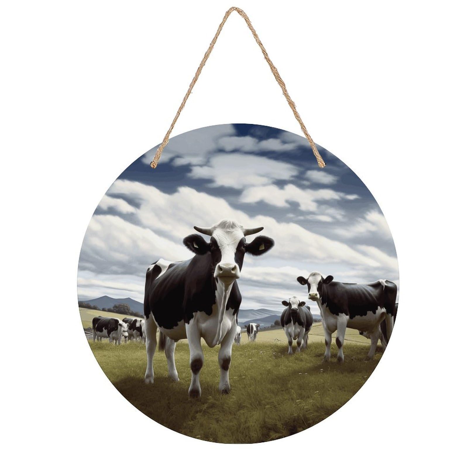 Farm Cow Pictures Wall Art Decor with Ropes Wooden Hanging Sign Hanging Wall Decor Artwork Round Wood Painting Modern Wall Prints Decor Picture for Office Bar Home Decors