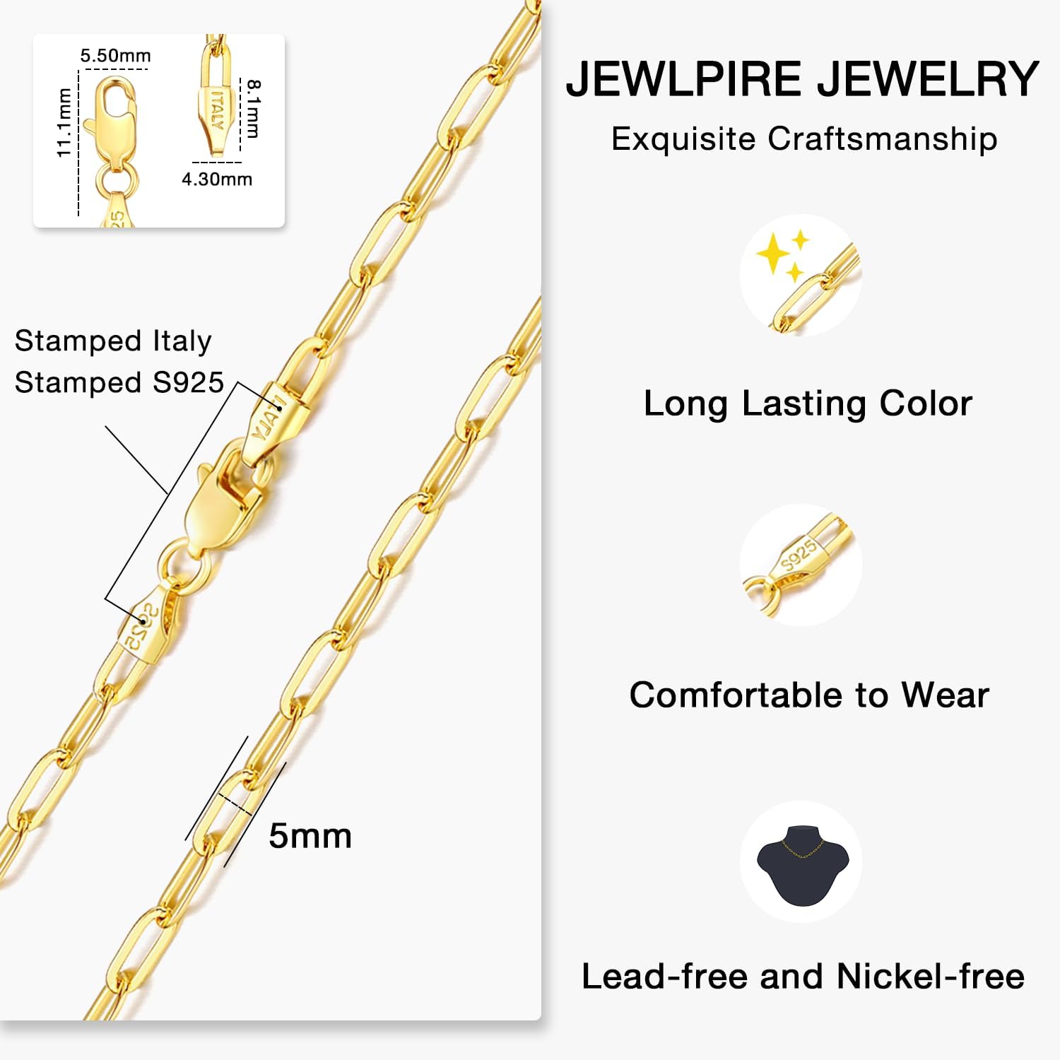 Jewlpire 14K Gold Plated 925 Sterling Silver Paperclip Chain Necklace for Women, 4mm 5mm Shiny & Sturdy Women's Chain Necklaces 16 18 20 22 24 26 Inch - Image 4