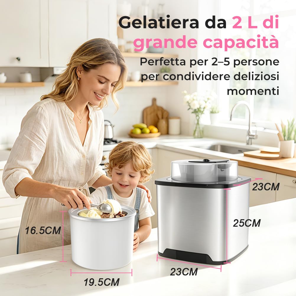 Gelatiera 2L Macchina Gelato Acciaio con Copertura Trasparente per la Visualizzazione, Paletta Gelato Speciale e Ricettario, per Fare il Gelato e lo Yogurt, Sorbetto