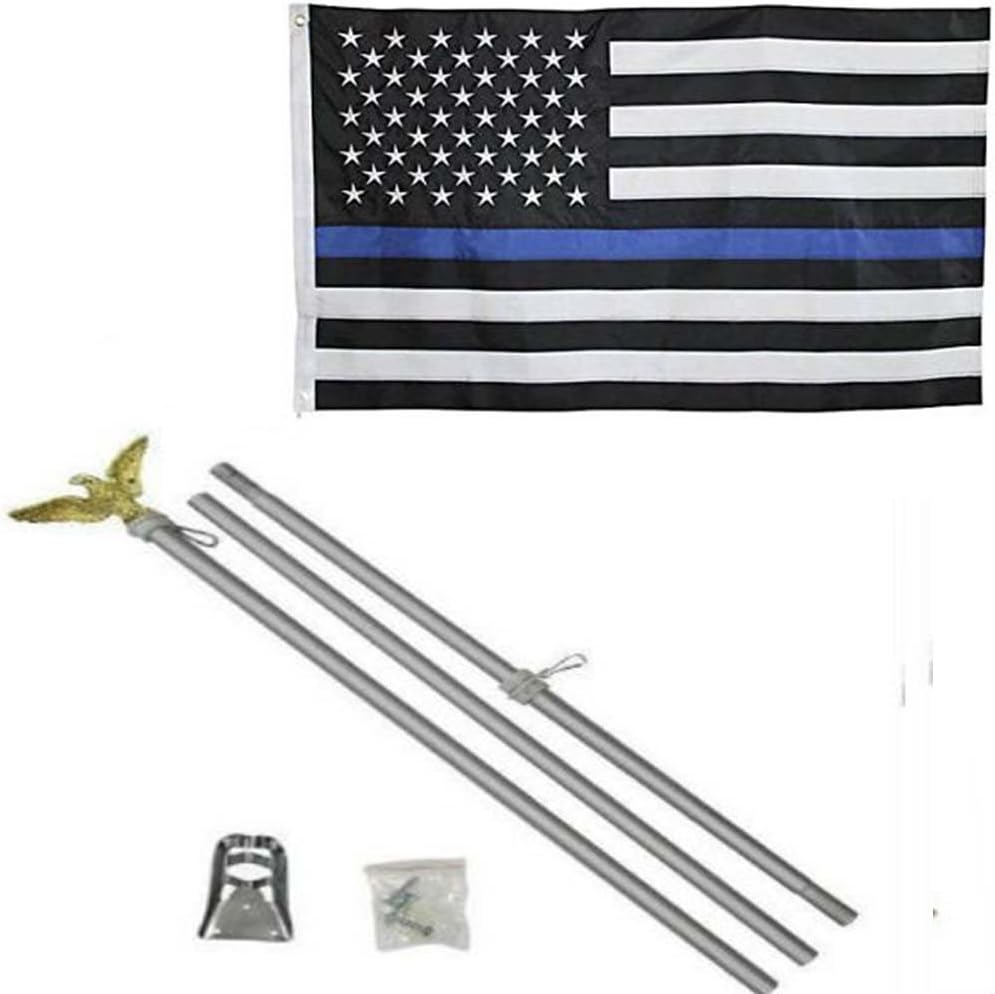 AES 3x5 USA Thin Blue Line Embroidered Nylon Flag Aluminum Pole Kit Set Eagle Fade Resistant Double Stitched Premium Penant House Banner Grommets