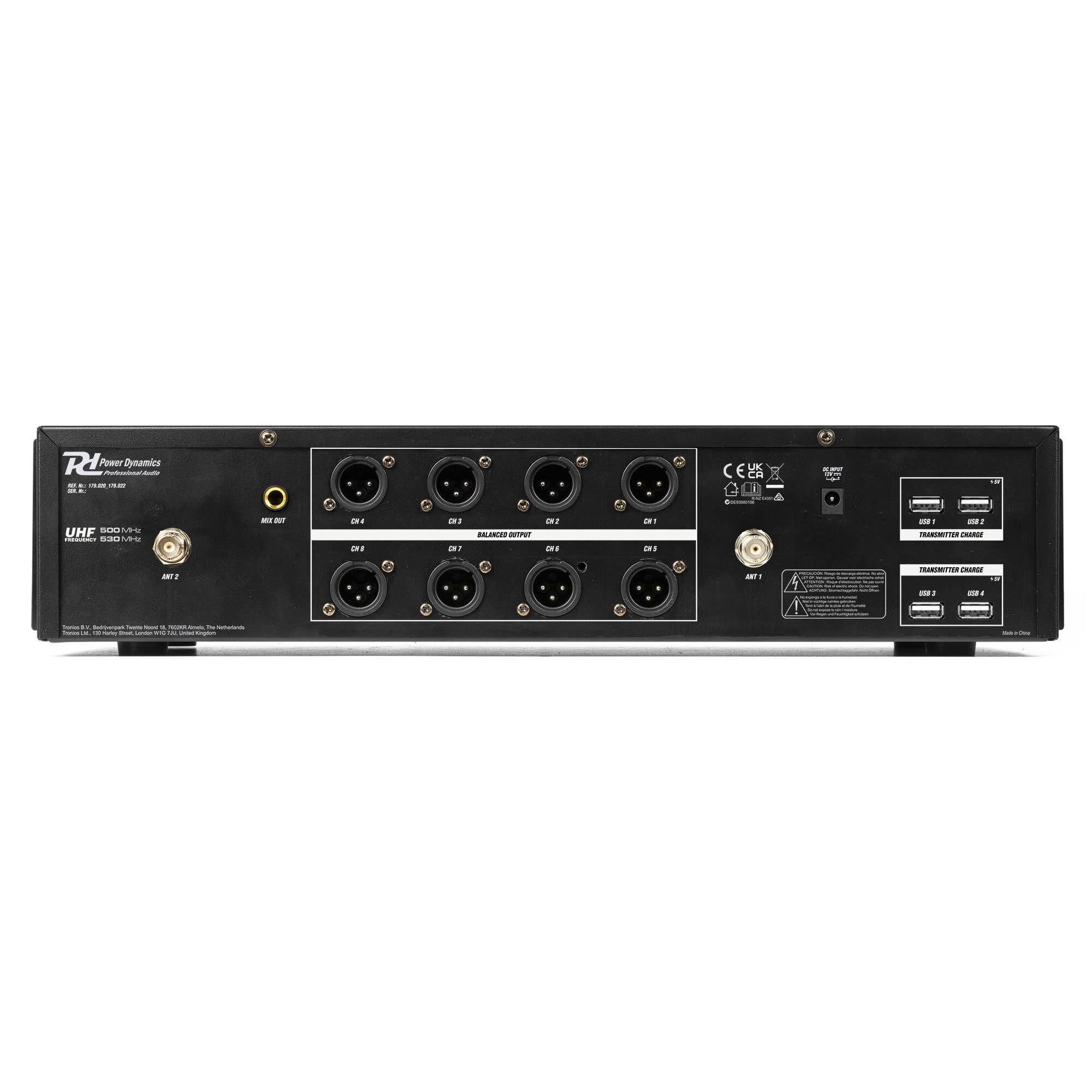 Power Dynamics PD528B UHF 8-Kanal Bodypack Funkmikrofon System mit Headsets und Lavaliermikrofonen, rauscharme Übertragung, große Reichweite, LCD-Displays, Metallgehäuse