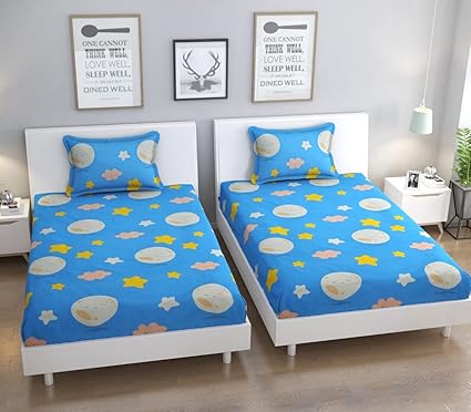 JOVIAL CREATIONS Glace Cotton 200TC 2 Printed Single Bedsheet (90*60) with 2 Pillow Covers (18*28) , Set of 2 (Moon and Stars Print 2)