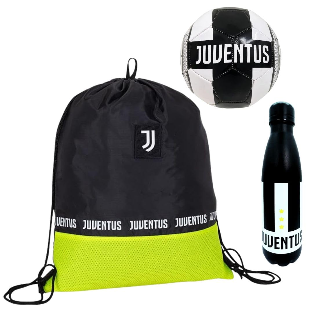 JUVENTUS Set Regalo con Borraccia 500ml, Sacca Sport con Coulisse, Pallone da Calcio, Nero e Bianco