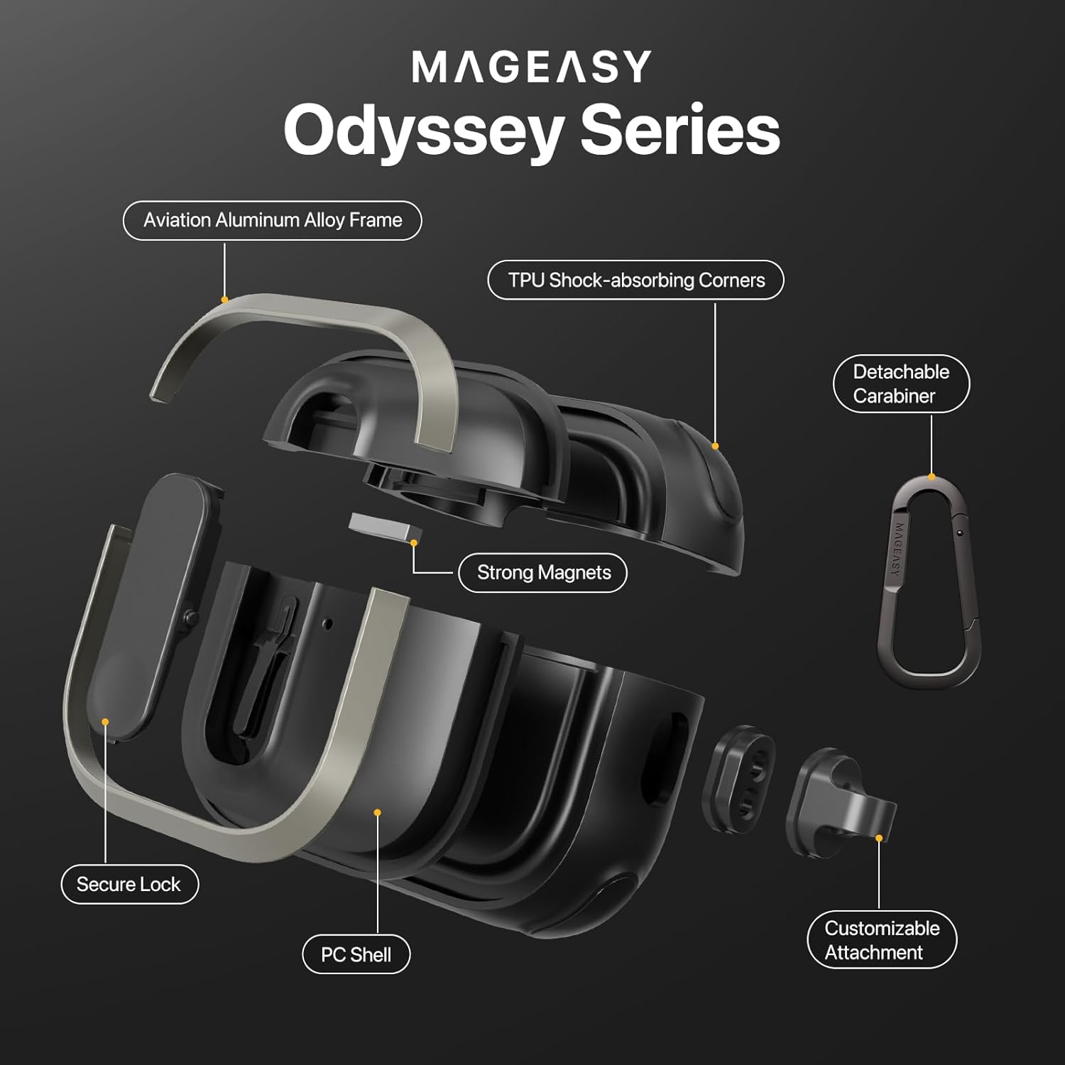 MAGEASY Odyssey AirPods 4 Case Cover (Color: Sand-Brown) Rugged with Secure Lock, Carabiner Clip for Drop Protection, Wireless Charging Compatible Apple AirPod 4th Generation