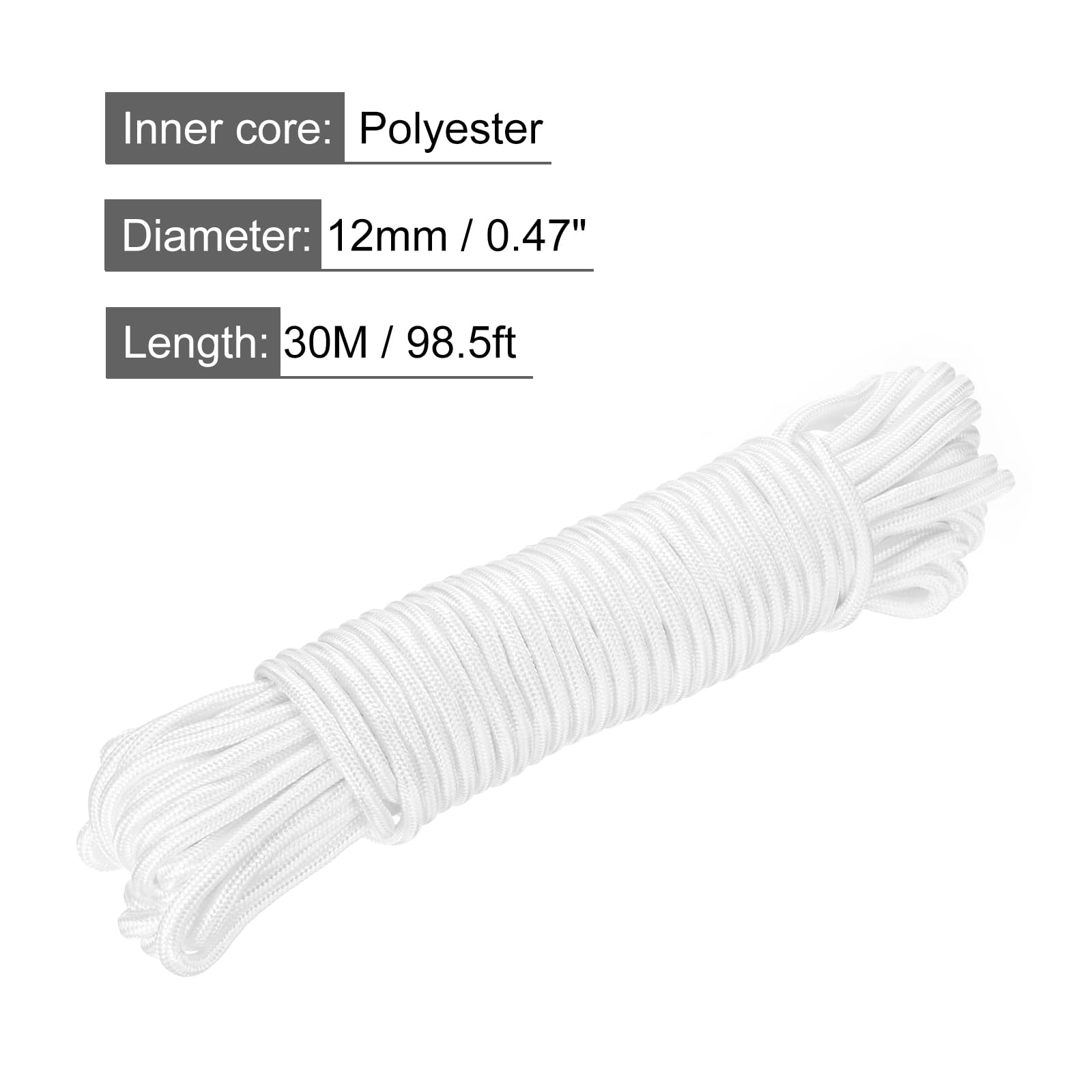 QUARKZMAN Corde tressée en Corde en polypropylène 30M/98ft 1/2" 12mm Blanc pour intérieur extérieur Camping Corde à Linge