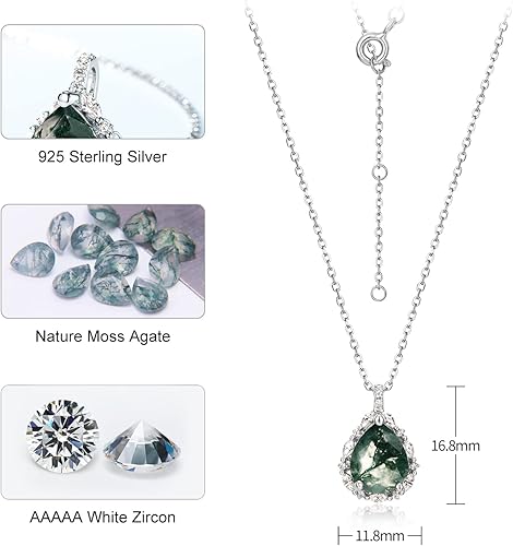 Miniatura 6 de WES Collar para mujer collar con colgante de ágata de musgo natural 925 para cumpleaños gemas verdes compromiso boda joyería de regalo Plata