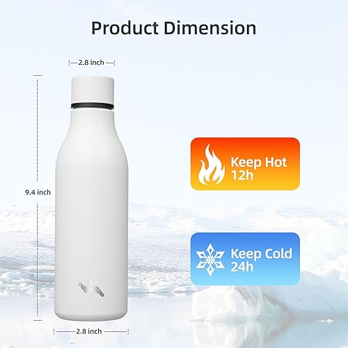 Miniatura 2 de Botella de agua aislada con correa, botellas de acero inoxidable de doble pared de 18 onzas, botella de agua de metal, color blanco