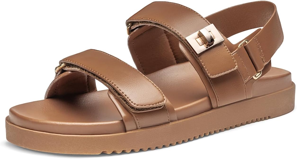 Rihero Women's Flat Sandals Comfort Adjustable Double Strap Slip on Leather Footbed Sandals