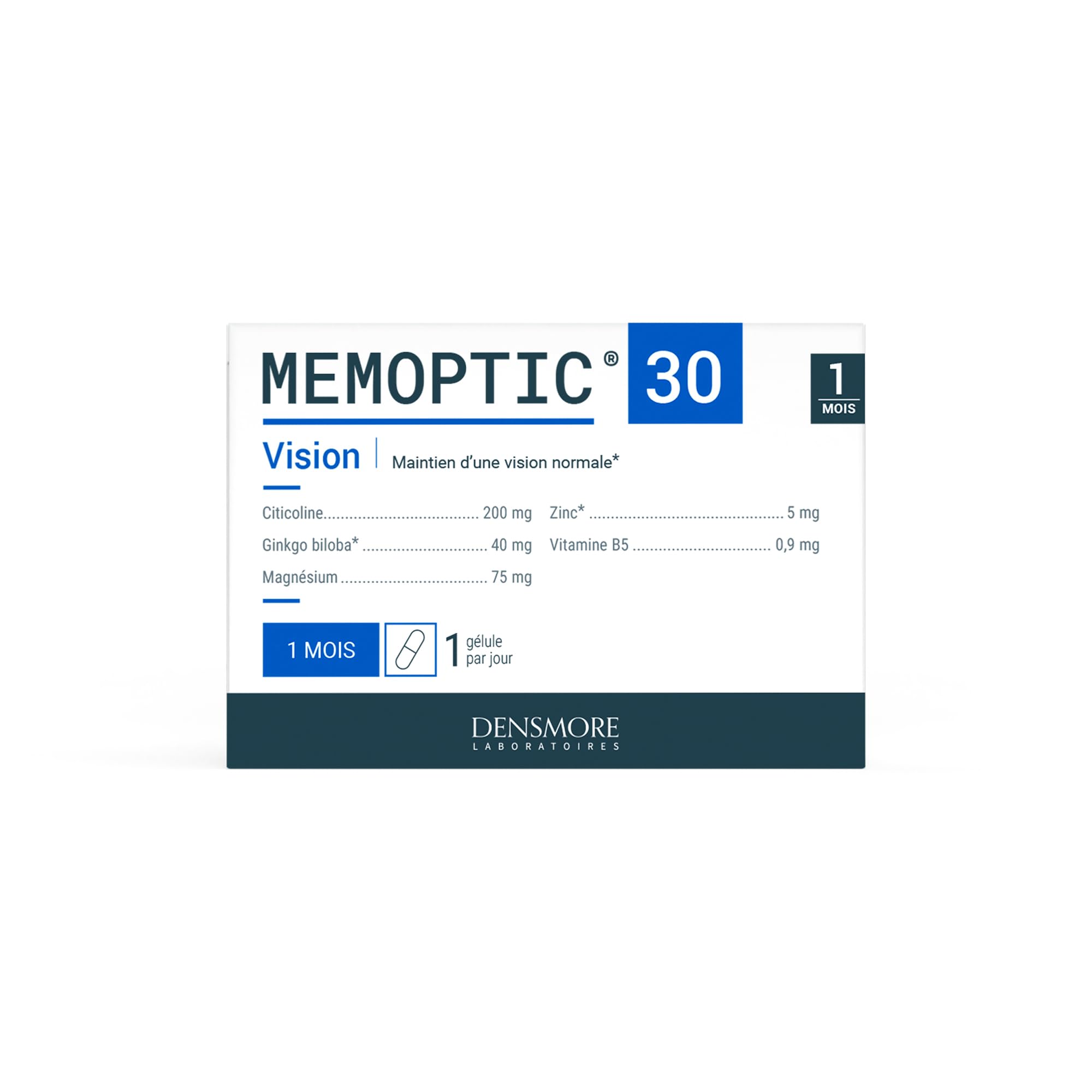Densmore - MEMOPTIC Complément Alimentaire Mémoire et Vision à base de Citicoline (traitement Glaucome) - Ginkgo biloba Magnésium Vitamine B5 Zinc - 30 comprimés - Cure de 1 mois - Fabriqué en France
