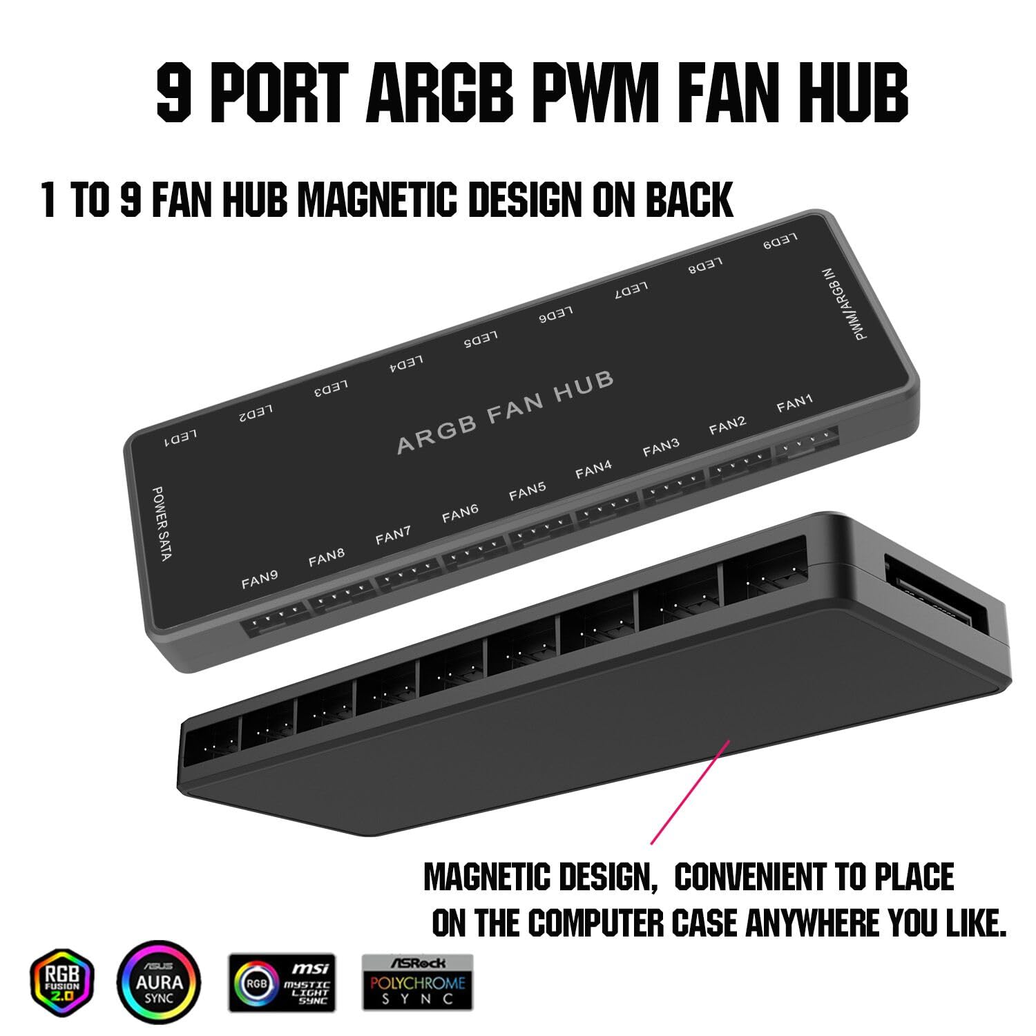 ARGB PWM - Hub de ventilador direccionable de 5 V-3 pines ARGB 12 V 4 pines PWM 2 en 1 RGB Hub de ventilador SATA entrada de alimentación, 9 puertos de ventilador y 9 puertos LED, hub de ventilador de
