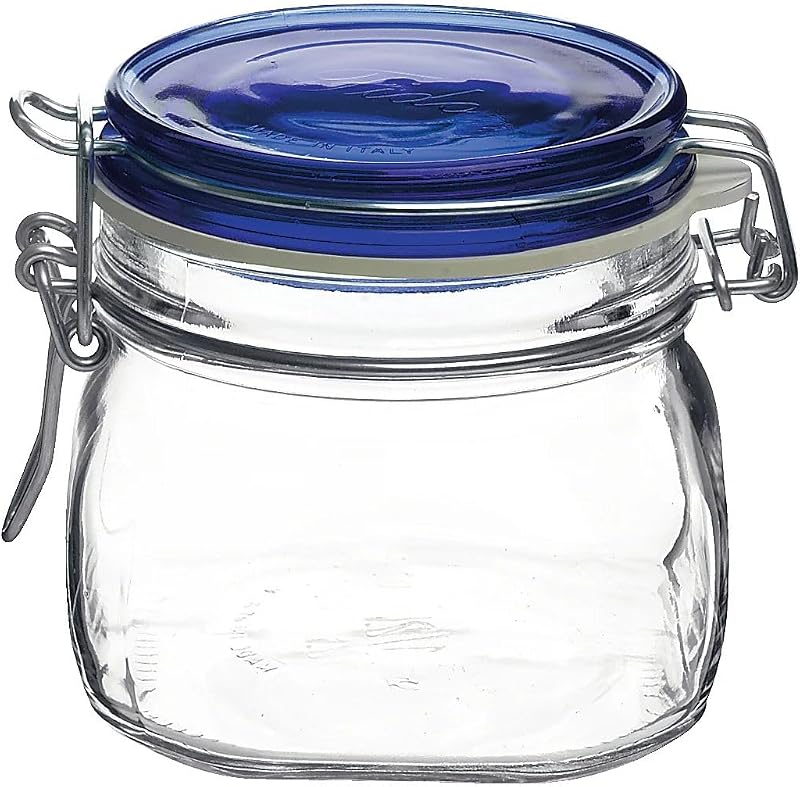 Fido Glass Jar, Blue Lid - Food Storage Container with Airtight Seal - 17.5 oz Clamp Lock Canister for Dry Foods, Appetizers & Desserts - Italian Glass, Dishwasher Safe