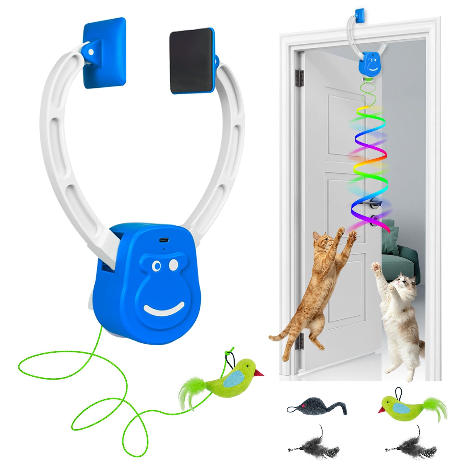 Juguetes interactivos para gatos de interior, marco de puerta colgante automático con pájaro, ratón y plumas, juguete de ejercicio activado por movimiento para gatitos aburridos y gatos adultos