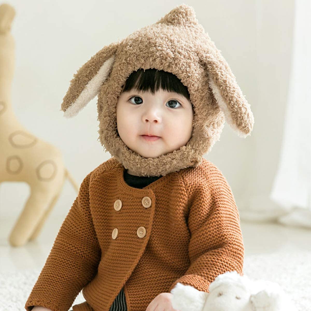 SYGA Wool Unisex-Child Baby Warm Hats Cute Rabbit Ears Style Head Hooded for Winter (1-2 Years, Khaki), Free Size, 1 Count