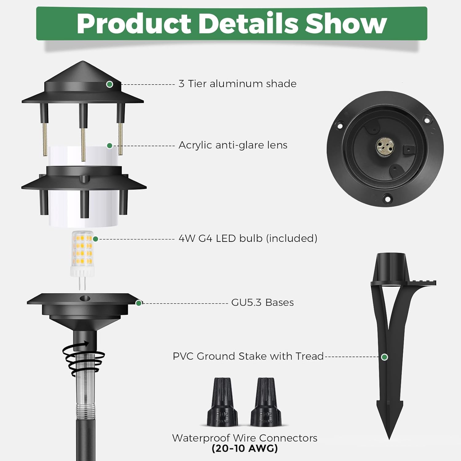 Gardencoin Pagoda Low Voltage Landscape Pathway Lights, 12V Outdoor LED Path Lights Wired, Aluminum Walkway Lighting with 4W 2700K Replaceable G4 Bulb, Classic 3-Tier Lantern, 6 Pack