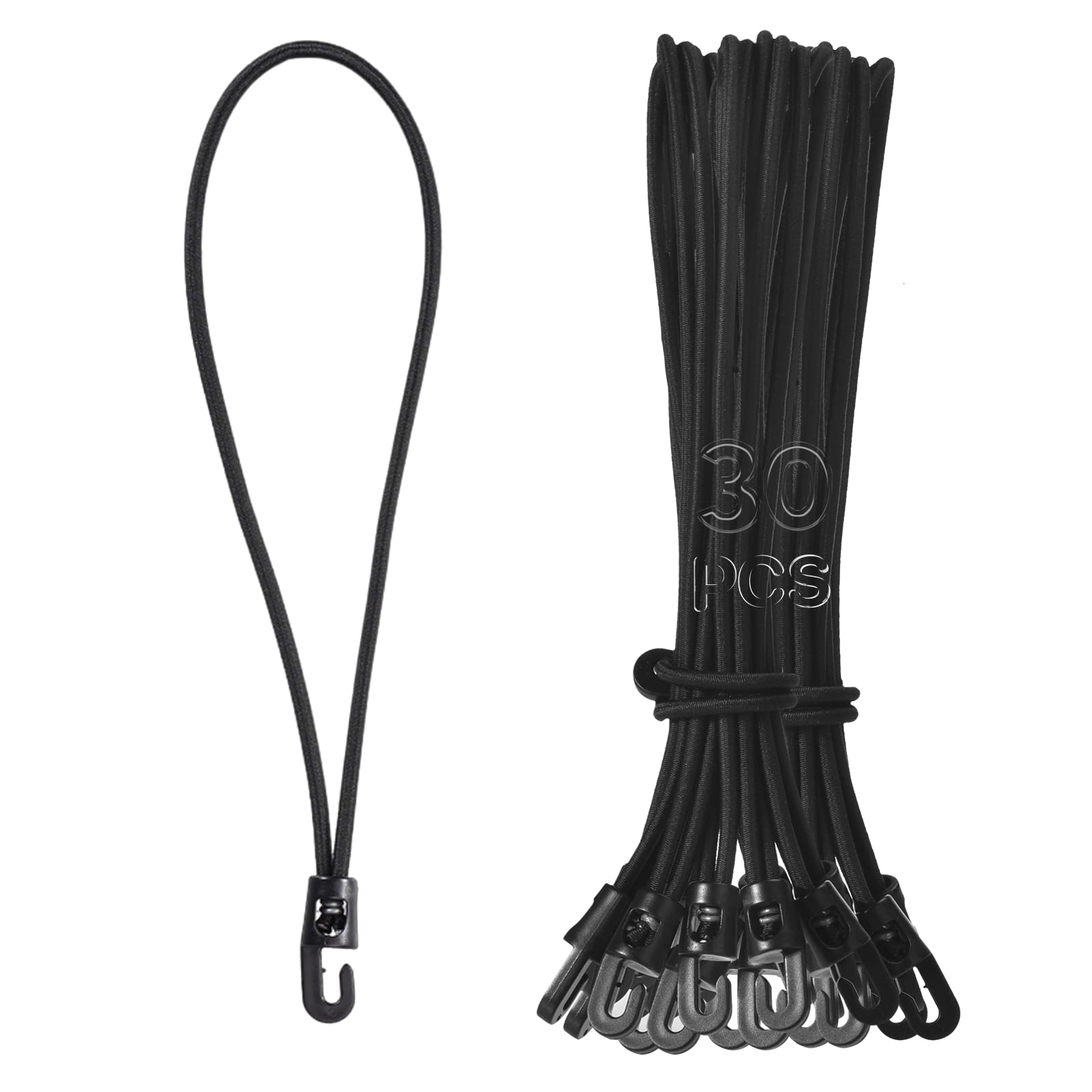 XHTXHT 30 Pcs Small Bungee Cords with Hooks,10Inch bungee cords,Black Elastic Rope Shock Cords Tarpaulin Hooks,Short bungee straps with hooks for tarpaulin clips Camping Tents (25cm)