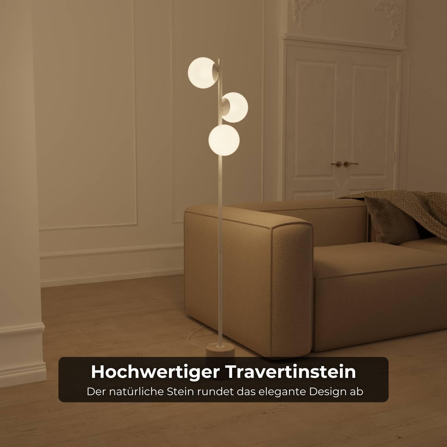 Rovea Stehleuchte Travertinstein Stehleuchte aus Opalglas LED 3-flammig (Weiß)