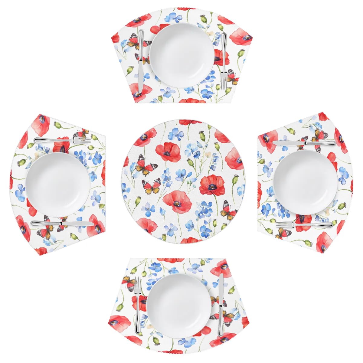 Mexpekil Blue Flower Red Poppy Butterfly Placemats Set of 4 for Round Table Wedge Place Mats with Centerpiece Heat Resistant Washable Plate Mats for Kitchen (5 Pcs)