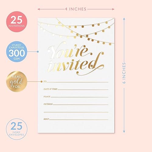 Miniatura 2 de ¡Invitaciones de fiesta S&O! 25 invitaciones tradicionales de papel de aluminio dorado con sobres, invitaciones de boda, bebé y despedida