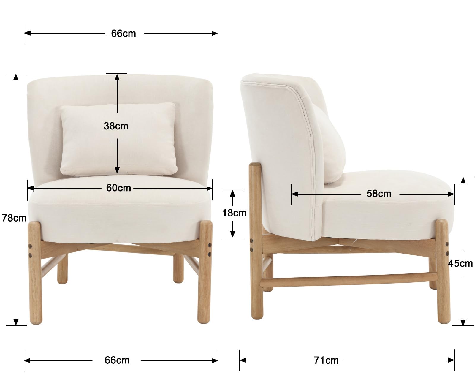 chairus Sedia da salotto con cuscino lombare, senza braccioli, in ciniglia, imbottita, con gambe in legno, colore: bianco