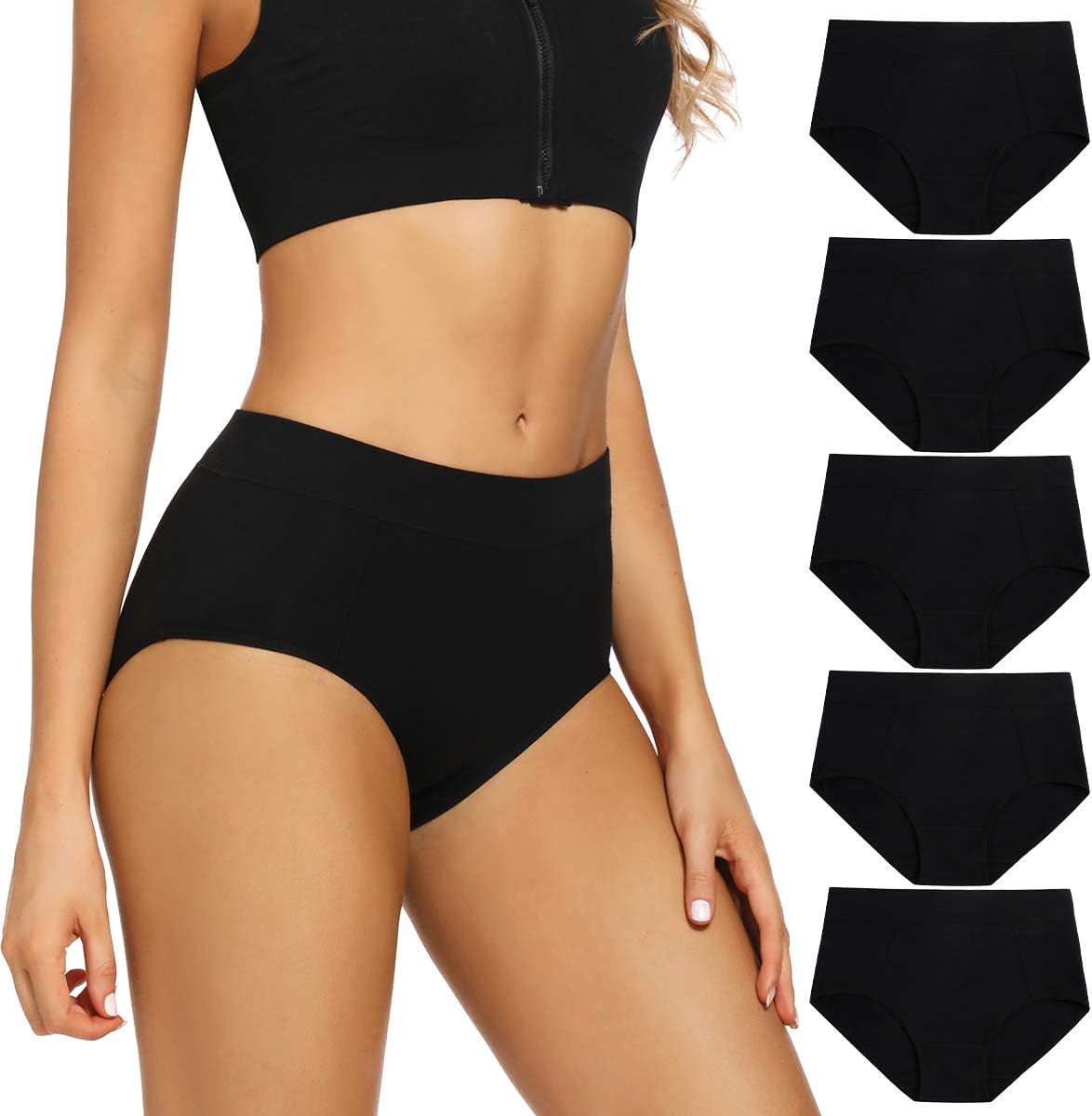 Women's Cotton Stretch Underwear Ladies Mid-high Waisted Briefs Panties 5-Pack