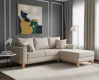 Sofá Beny com Chaise Direita, 2,00x1,40m, 3 Lugares, Linho, Base em Madeira. (Cru)