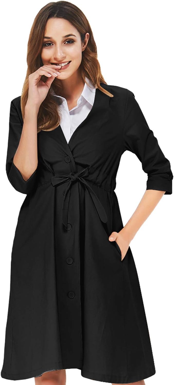 Flowy Trench Coat, V Neck Button Down Cute Fall Trench Coat for Women