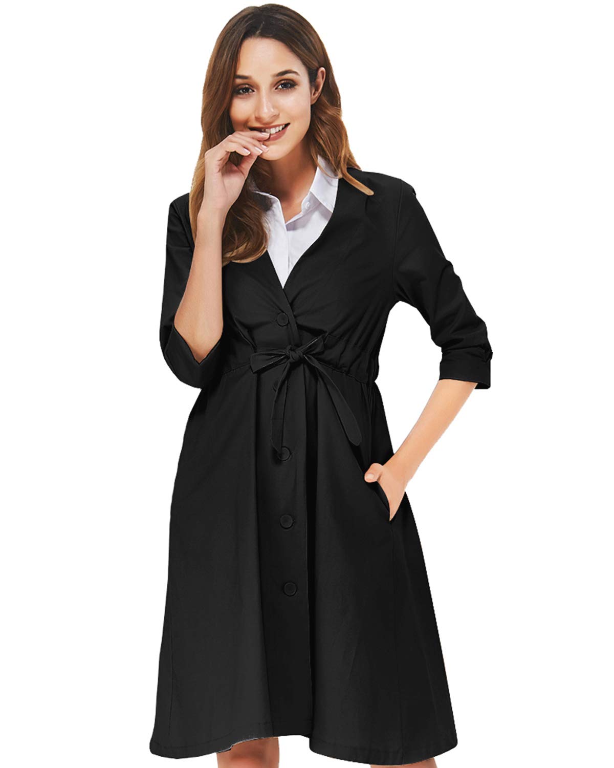 Flowy Trench Coat, V Neck Button Down Cute Fall Trench Coat for Women